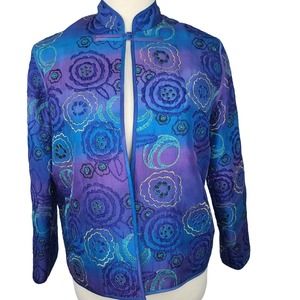 Chicos Jacket Silk Blue Purple Quilted Embroidered Size 0 Small Art to Wear Open